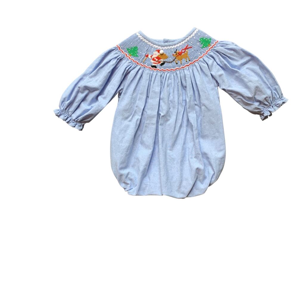 Sweet Dreams Santa’s Coming Chambray Blue Smocked Bubble Romper